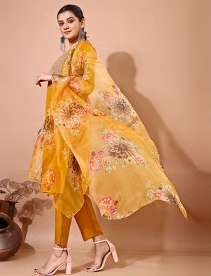 Musturd color art silk blend embroidered kurti pant with orgenza digital print dupatta 2