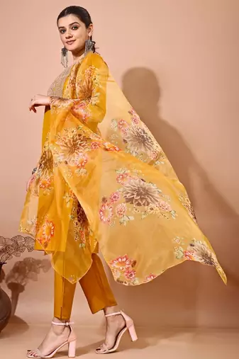 Musturd color art silk blend embroidered kurti pant with orgenza digital print dupatta