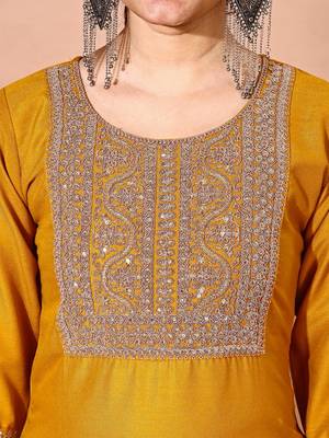 Musturd color art silk blend embroidered kurti pant with orgenza digital print dupatta 3