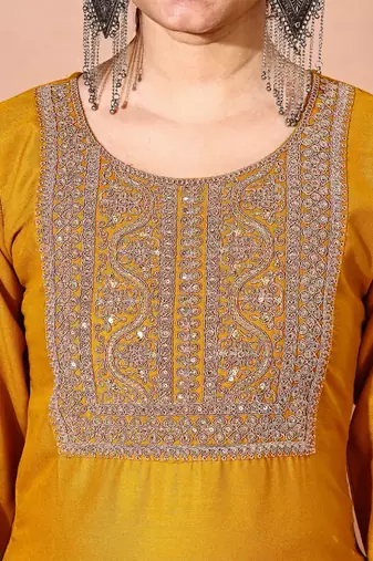Musturd color art silk blend embroidered kurti pant with orgenza digital print dupatta