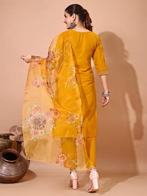 Musturd color art silk blend embroidered kurti pant with orgenza digital print dupatta 4