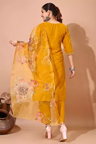 Musturd color art silk blend embroidered kurti pant with orgenza digital print dupatta