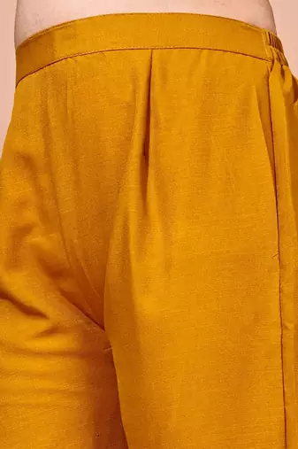 Musturd color art silk blend embroidered kurti pant with orgenza digital print dupatta