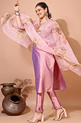 Peach color art silk embroidered kurti pant with orgenza digital print dupatta