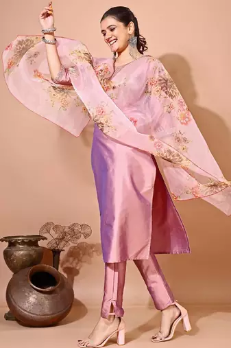 Peach color art silk embroidered kurti pant with orgenza digital print dupatta