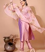 Peach color art silk embroidered kurti pant with orgenza digital print dupatta