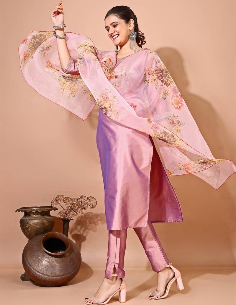 Peach color art silk embroidered kurti pant with orgenza digital print dupatta