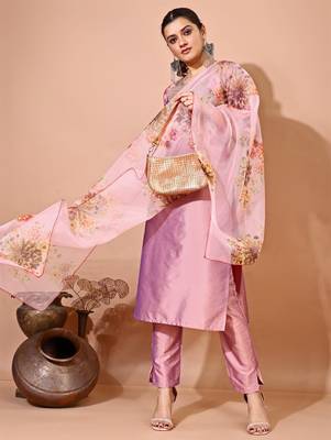 Peach color art silk blend embroidered kurti pant with orgenza digital print dupatta 2