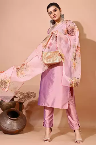 Peach color art silk embroidered kurti pant with orgenza digital print dupatta