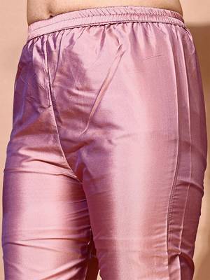 Peach color art silk blend embroidered kurti pant with orgenza digital print dupatta 3