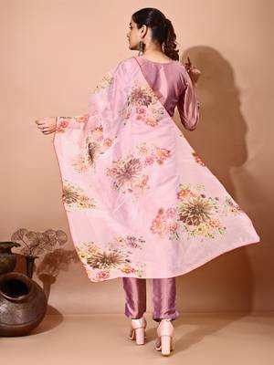 Peach color art silk blend embroidered kurti pant with orgenza digital print dupatta 4