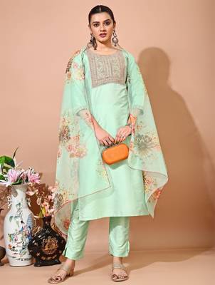 Pista color art silk blend embroidered kurti pant with orgenza digital print dupatta 1
