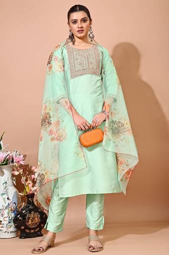 Pista color art silk embroidered kurti pant with orgenza digital print dupatta