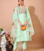 Pista color art silk embroidered kurti pant with orgenza digital print dupatta