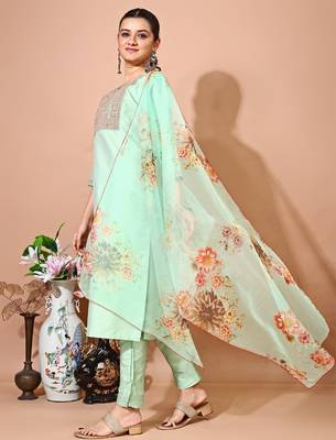 Pista color art silk blend embroidered kurti pant with orgenza digital print dupatta 2