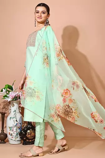 Pista color art silk blend embroidered kurti pant with orgenza digital print dupatta