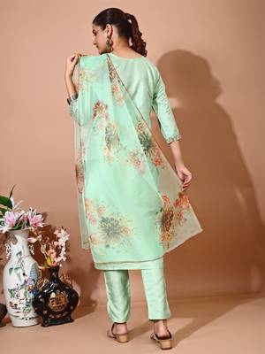 Pista color art silk blend embroidered kurti pant with orgenza digital print dupatta 3