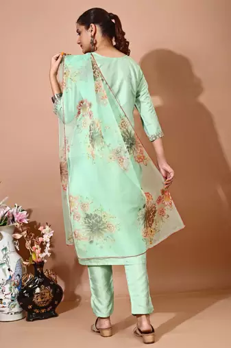 Pista color art silk blend embroidered kurti pant with orgenza digital print dupatta