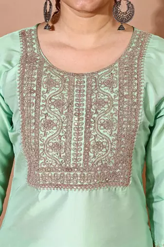 Pista color art silk blend embroidered kurti pant with orgenza digital print dupatta