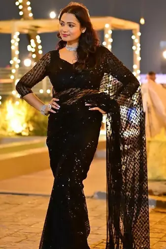 Black Color Net Fabric Party Wear Saree