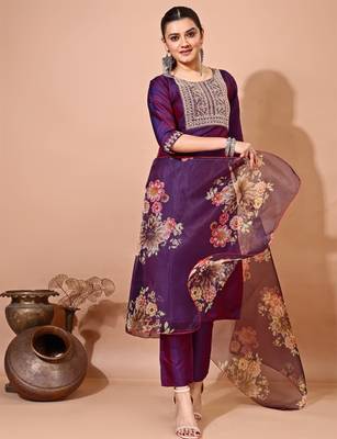 Purple color art silk blend embroidered kurti pant with orgenza digital print dupatta 1