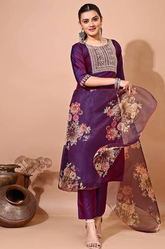Purple color art silk embroidered kurti pant with orgenza digital print dupatta