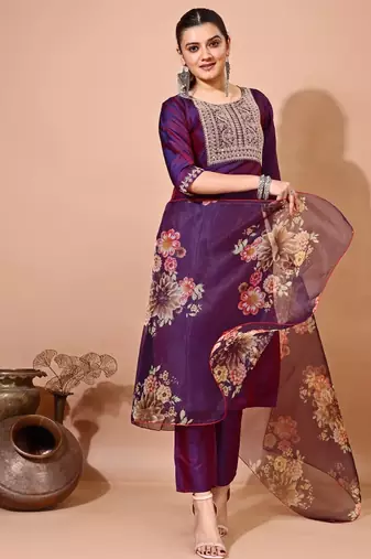 Purple color art silk embroidered kurti pant with orgenza digital print dupatta