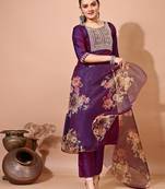 Purple color art silk embroidered kurti pant with orgenza digital print dupatta