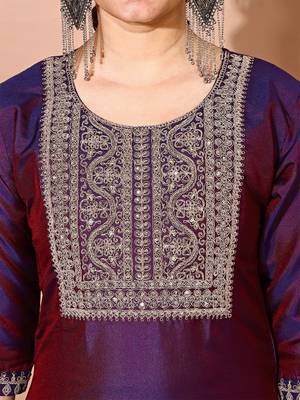 Purple color art silk blend embroidered kurti pant with orgenza digital print dupatta 2