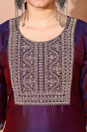Purple color art silk blend embroidered kurti pant with orgenza digital print dupatta
