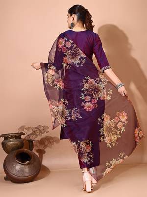 Purple color art silk blend embroidered kurti pant with orgenza digital print dupatta 3