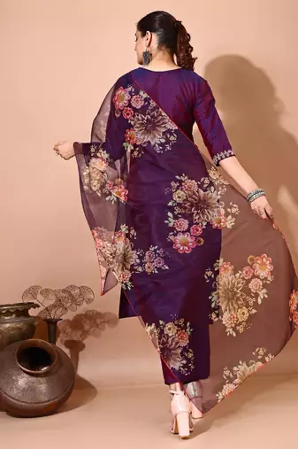 Purple color art silk blend embroidered kurti pant with orgenza digital print dupatta