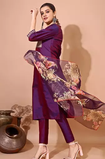Purple color art silk blend embroidered kurti pant with orgenza digital print dupatta