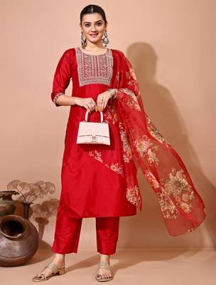 Maroon color art silk blend embroidered kurti pant with orgenza digital print dupatta 1