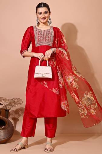 Maroon color art silk embroidered kurti pant with orgenza digital print dupatta