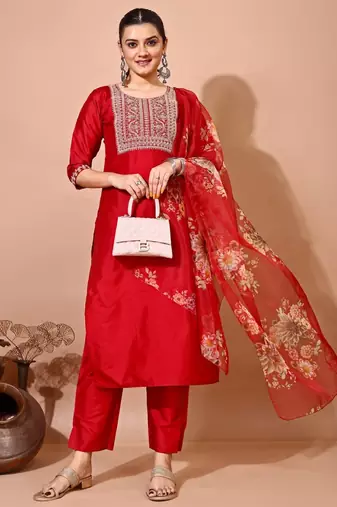 Maroon color art silk embroidered kurti pant with orgenza digital print dupatta