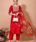 Maroon color art silk embroidered kurti pant with orgenza digital print dupatta