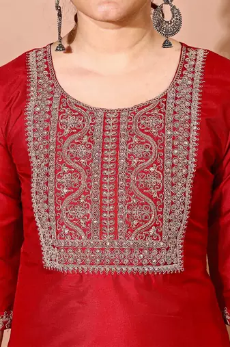 Maroon color art silk blend embroidered kurti pant with orgenza digital print dupatta