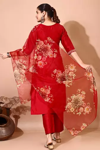 Maroon color art silk blend embroidered kurti pant with orgenza digital print dupatta