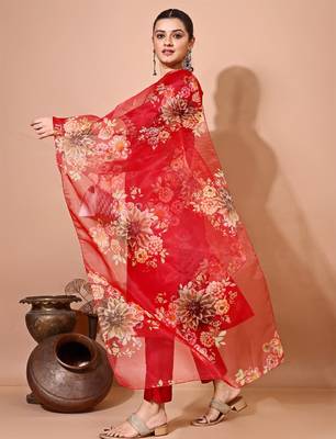 Maroon color art silk blend embroidered kurti pant with orgenza digital print dupatta 5