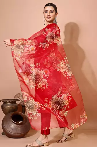Maroon color art silk blend embroidered kurti pant with orgenza digital print dupatta