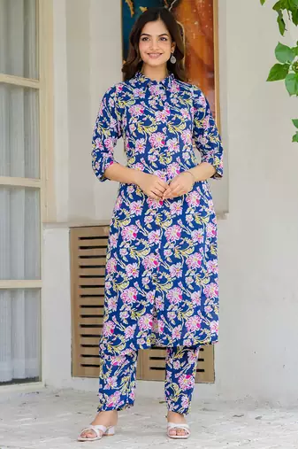 Blue floral printed rayon co-ord set