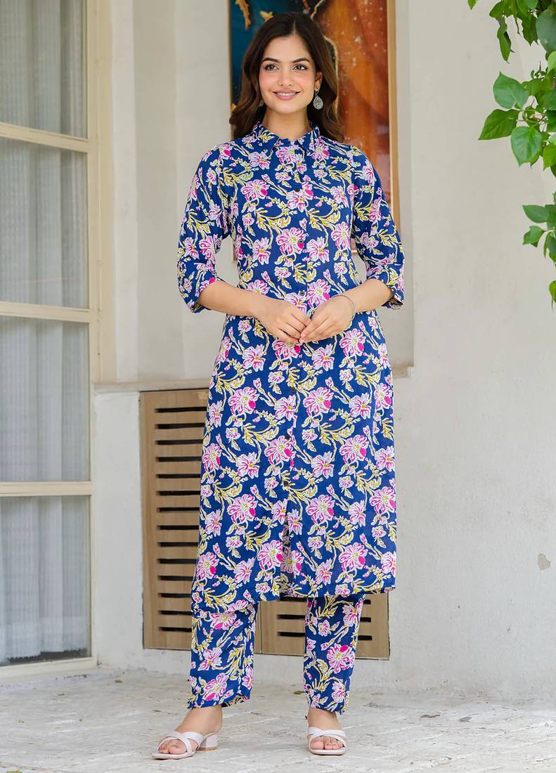 Blue floral printed rayon co-ord set