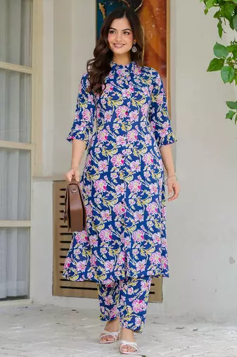 Blue floral printed rayon co-ord set
