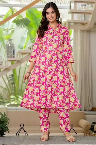 Pink floral printed rayon co-ord set