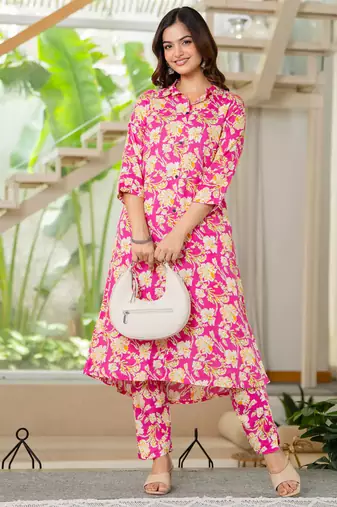 Pink floral printed rayon co-ord set