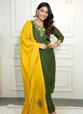 Mehandi Colour Premium Roman Silk Hand Work A Line Kurta Set 1