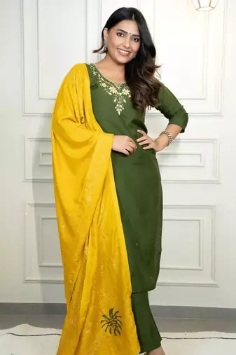 Mehandi Colour Premium Roman Silk Hand Work A Line Kurta Set