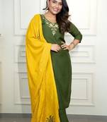 Mehandi Colour Premium Roman Silk Hand Work A Line Kurta Set