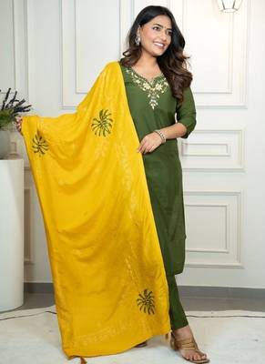 Mehandi Colour Premium Roman Silk Hand Work A Line Kurta Set 2